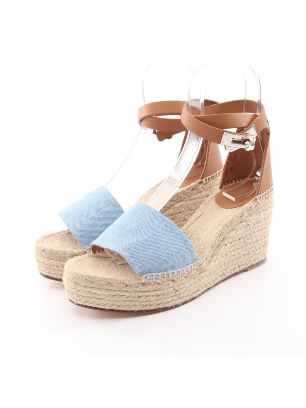 Hermes Sandals Tipoli Espadrilles Wedge Sole Denim Leather Shoes